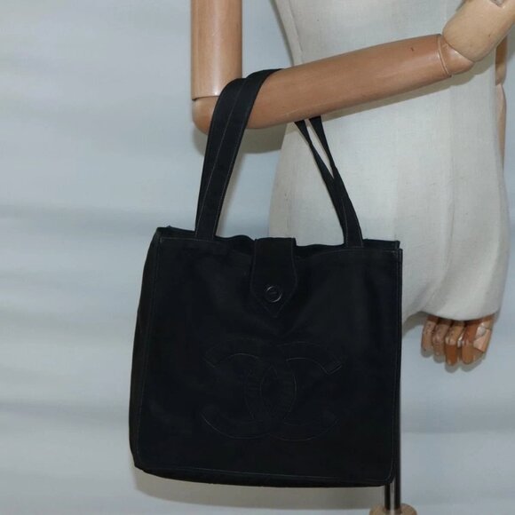 CHANEL Hand Bag Nylon Black Gold CC Auth - Picture 1 of 16